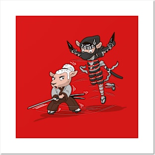 Ninja Versus Samurai Funny Cute Original Japanese Warrior Cartoon Posters and Art